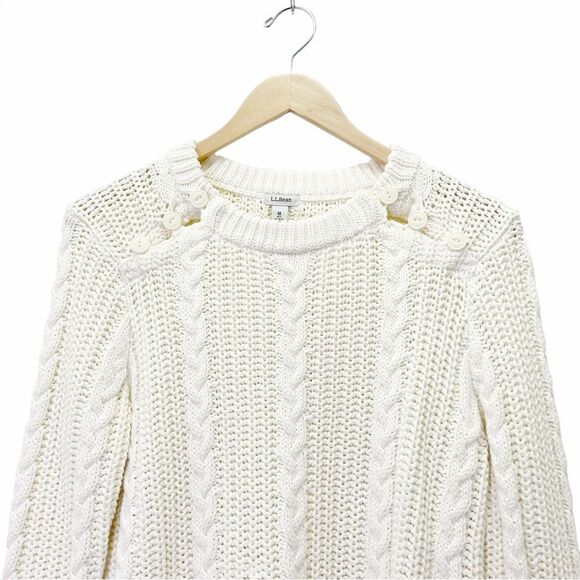 LL Bean Ivory Cable Knit Sweater Button Shoulder Fisherman Pullover Size Medium - Picture 8 of 15